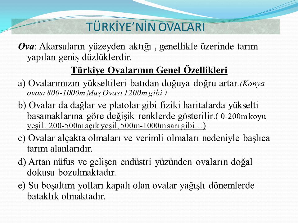 Türkiye Ovalarının Genel Özellikleri