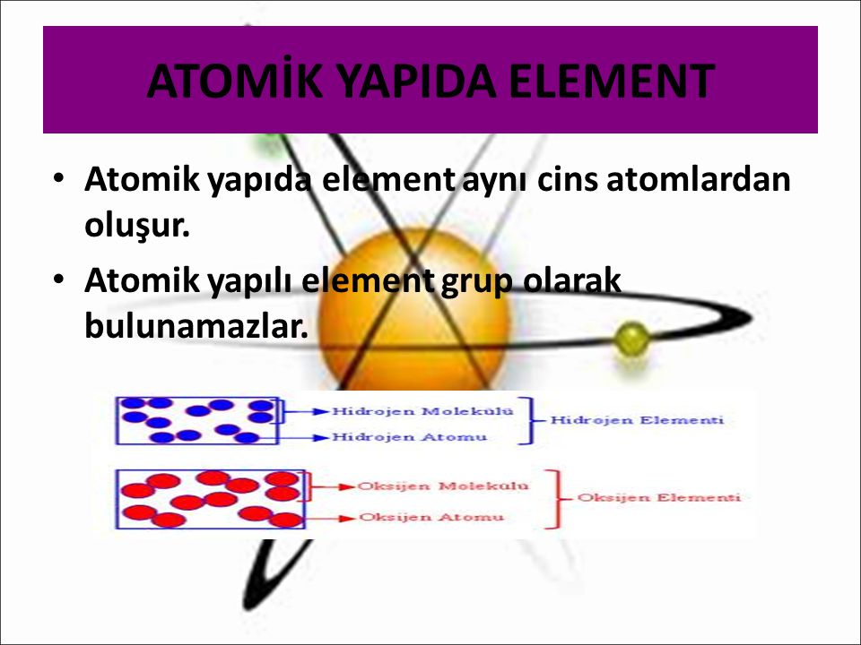 ATOMİK YAPIDA ELEMENT Atomik yapıda element aynı cins atomlardan oluşur.