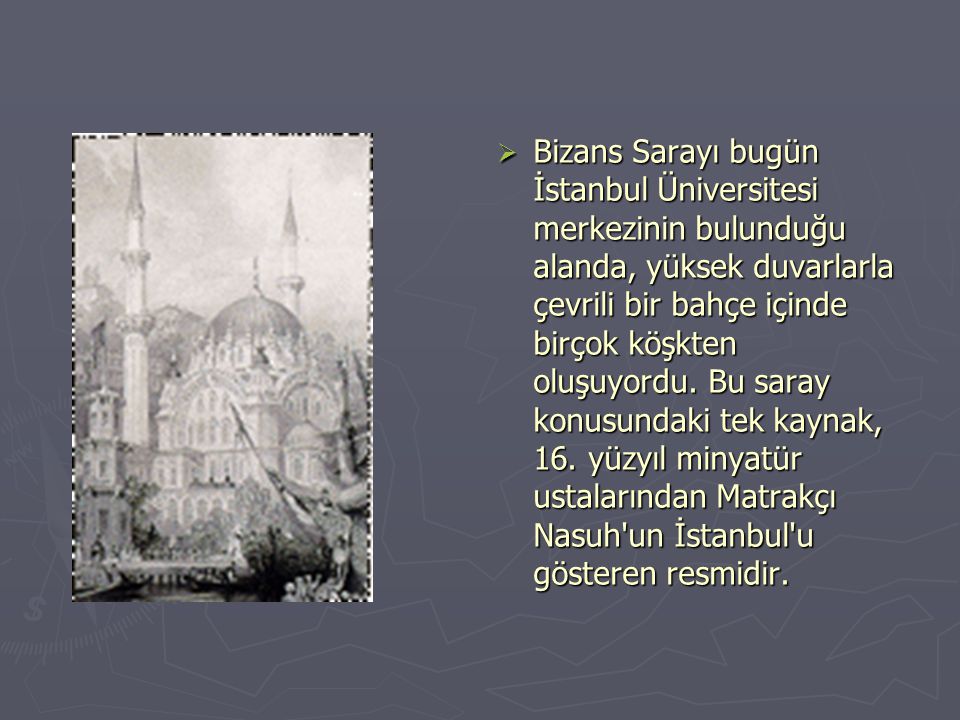 Bizans Sarayı bugün İstanbul Üniversitesi merkezinin bulunduğu alanda, yüksek duvarlarla çevrili bir bahçe içinde birçok köşkten oluşuyordu.
