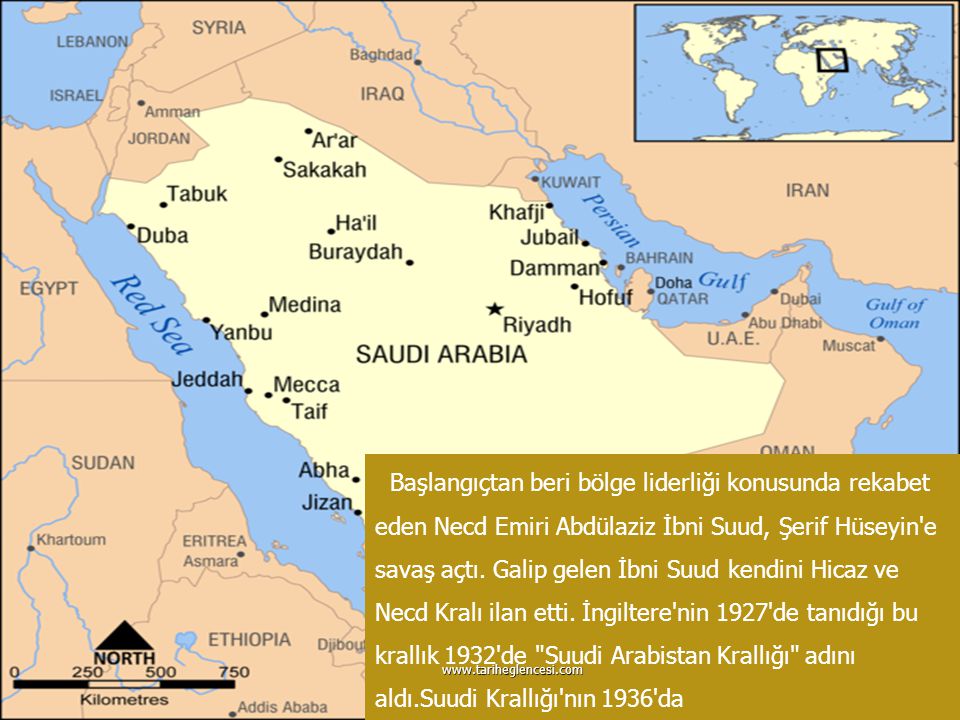 Başlangıçtan beri bölge liderliği konusunda rekabet eden Necd Emiri Abdülaziz İbni Suud, Şerif Hüseyin e savaş açtı. Galip gelen İbni Suud kendini Hicaz ve Necd Kralı ilan etti. İngiltere nin 1927 de tanıdığı bu krallık 1932 de Suudi Arabistan Krallığı adını aldı.Suudi Krallığı nın 1936 da