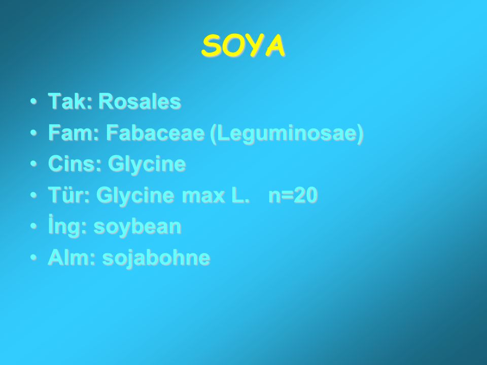 SOYA Tak: Rosales Fam: Fabaceae (Leguminosae) Cins: Glycine