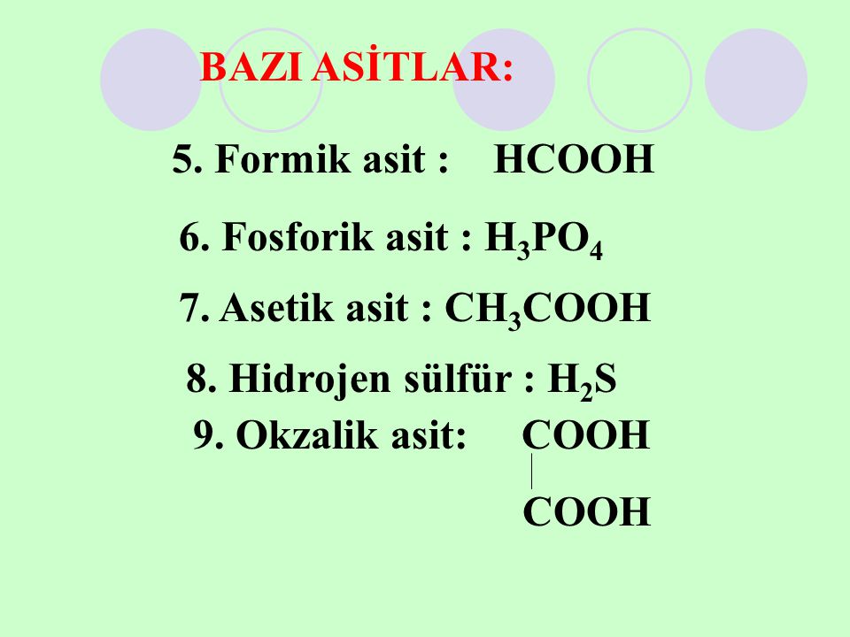 5. Formik asit : HCOOH 6. Fosforik asit : H3PO4