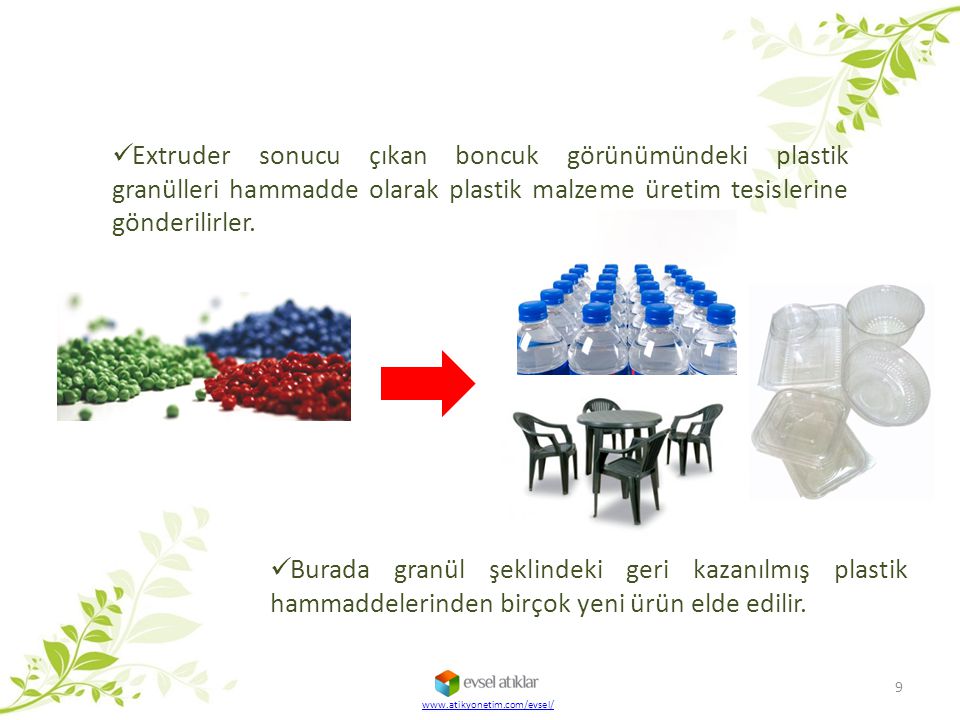 Extruder sonucu çıkan boncuk görünümündeki plastik granülleri hammadde olarak plastik malzeme üretim tesislerine gönderilirler.