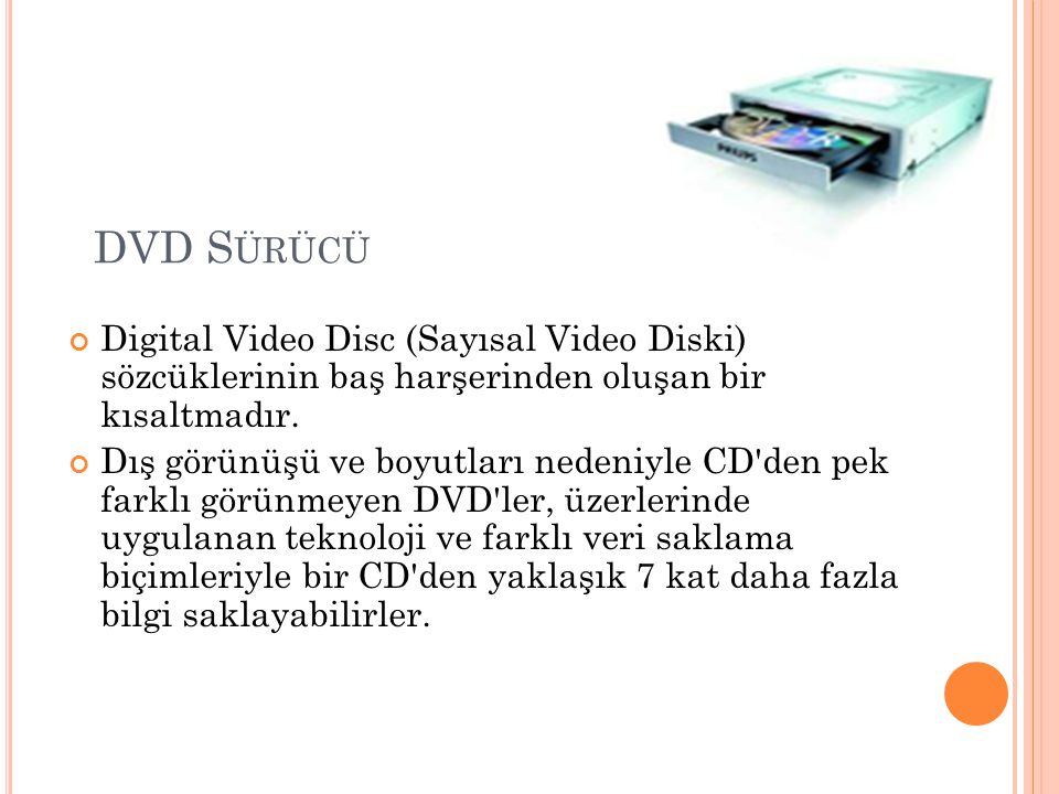 DVD Sürücü Digital Video Disc (Sayısal Video Diski) sözcüklerinin baş harşerinden oluşan bir kısaltmadır.