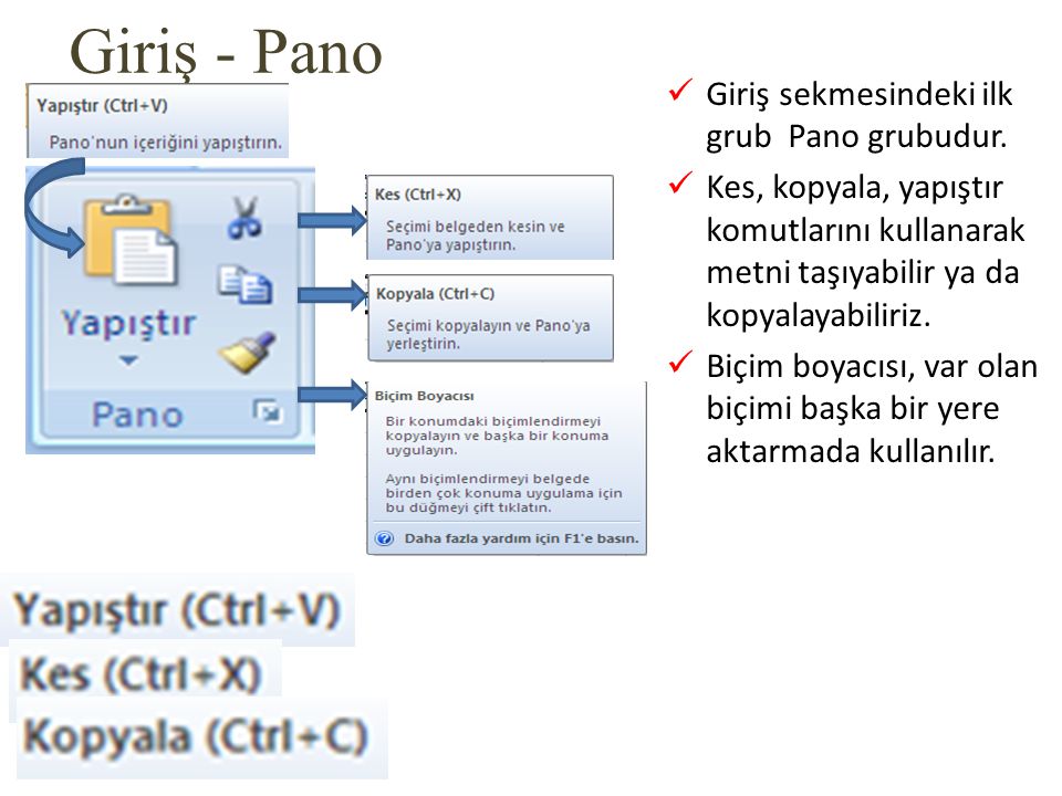 Giriş - Pano Giriş sekmesindeki ilk grub Pano grubudur.