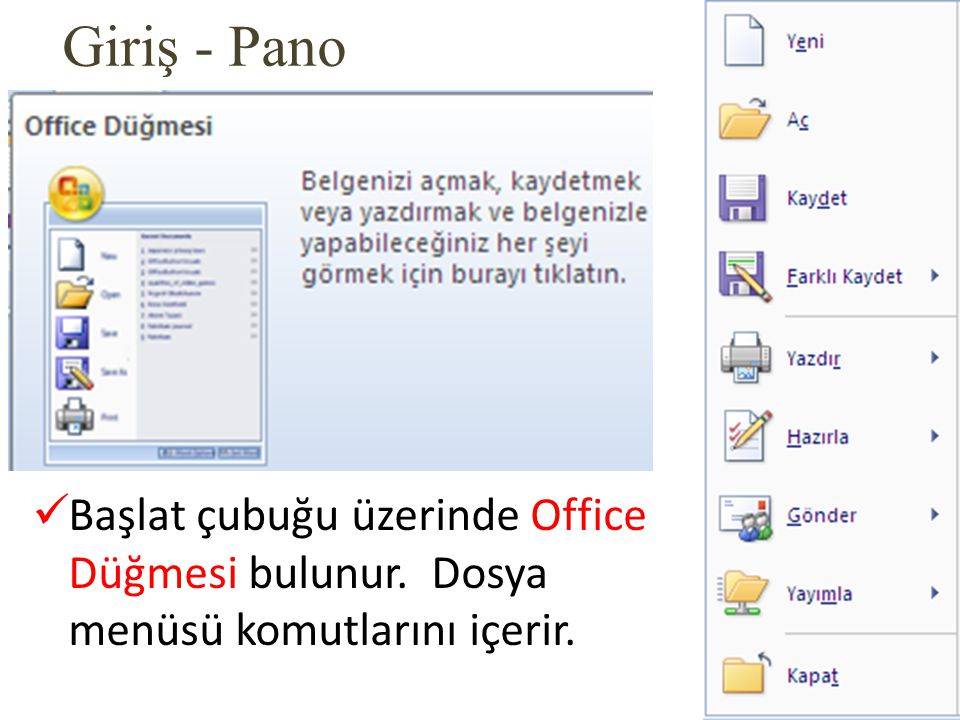 Giriş - Pano Başlat çubuğu üzerinde Office Düğmesi bulunur. Dosya menüsü komutlarını içerir.