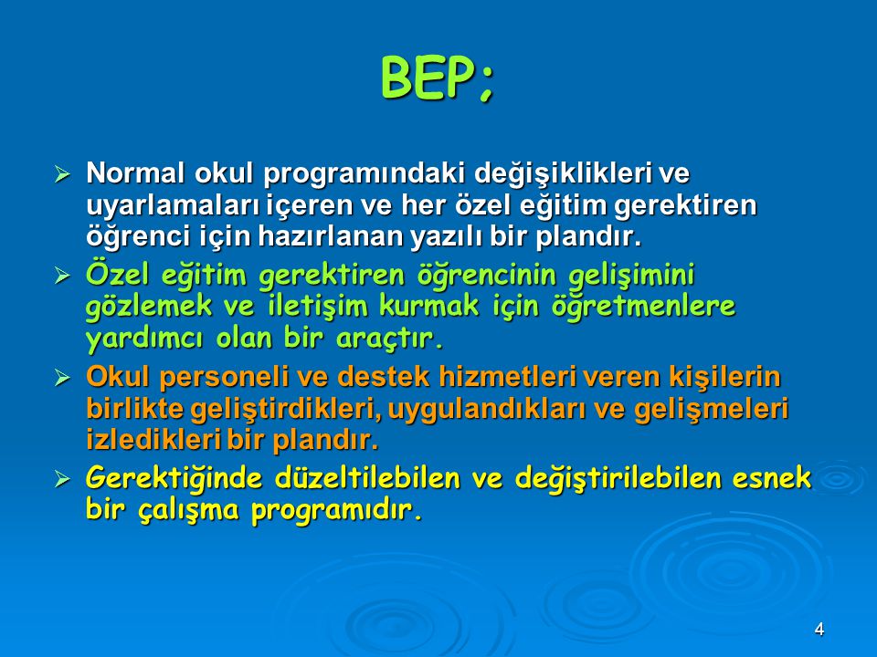 BEP; Normal okul programındaki değişiklikleri ve uyarlamaları içeren ve her özel eğitim gerektiren öğrenci için hazırlanan yazılı bir plandır.