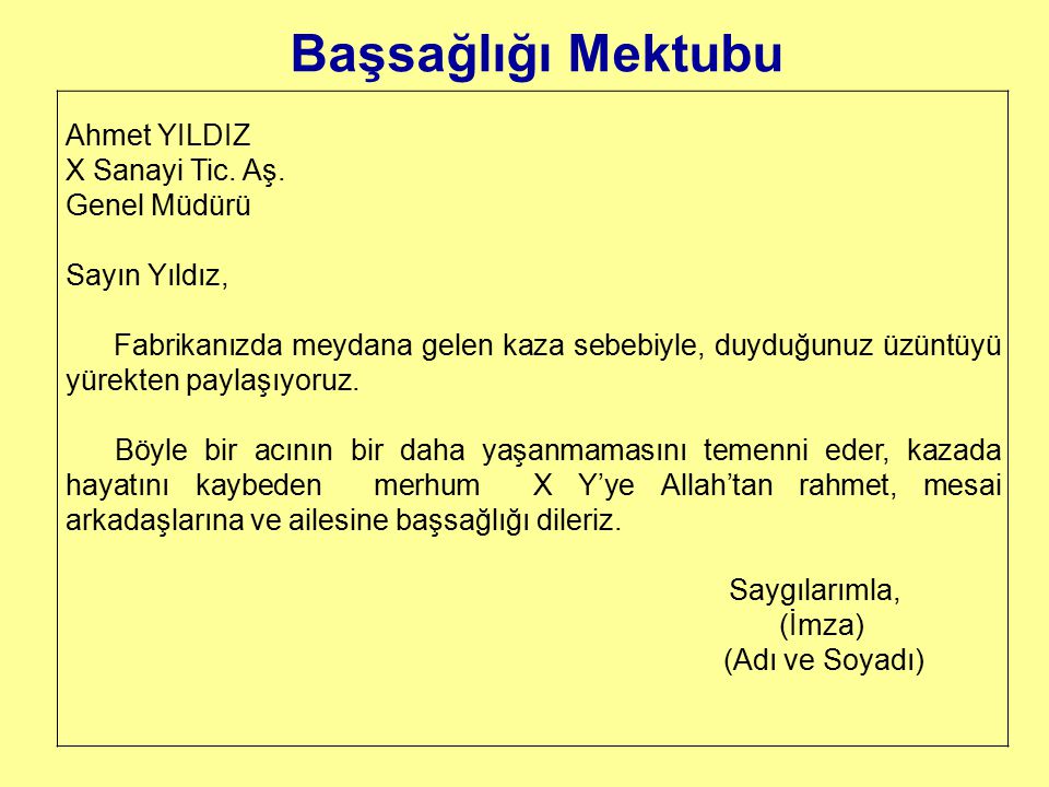Başsağlığı Mektubu Ahmet YILDIZ X Sanayi Tic. Aş. Genel Müdürü