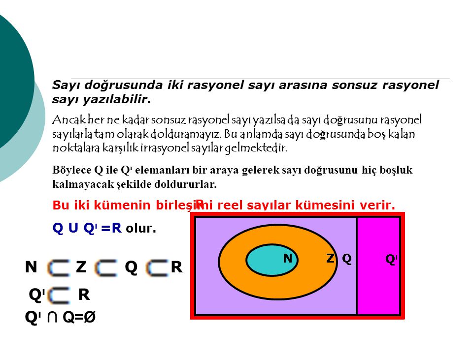 N Z Q R Qı R Qı ∩ Q=Ø Q U Qı =R olur.