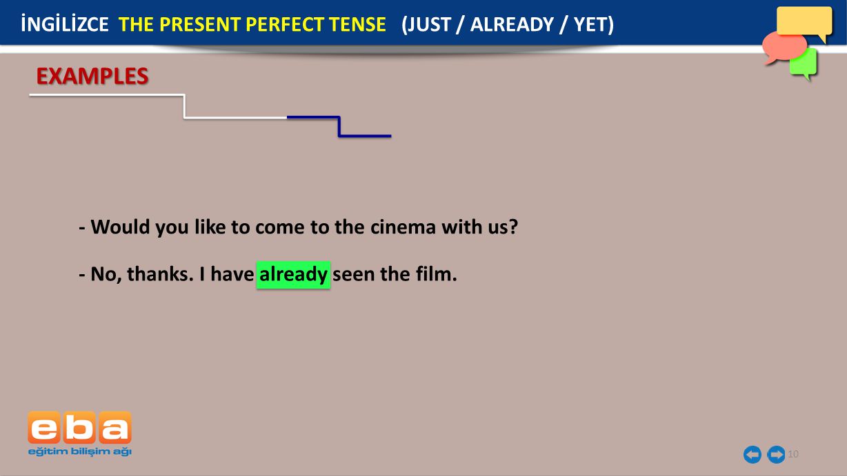 EXAMPLES İNGİLİZCE THE PRESENT PERFECT TENSE (JUST / ALREADY / YET)