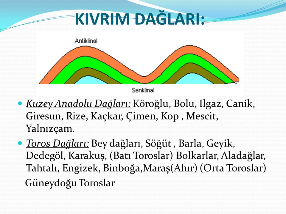 KIVRIM DAĞLARI: Kuzey Anadolu Dağları: Köroğlu, Bolu, Ilgaz, Canik, Giresun, Rize, Kaçkar, Çimen, Kop , Mescit, Yalnızçam.