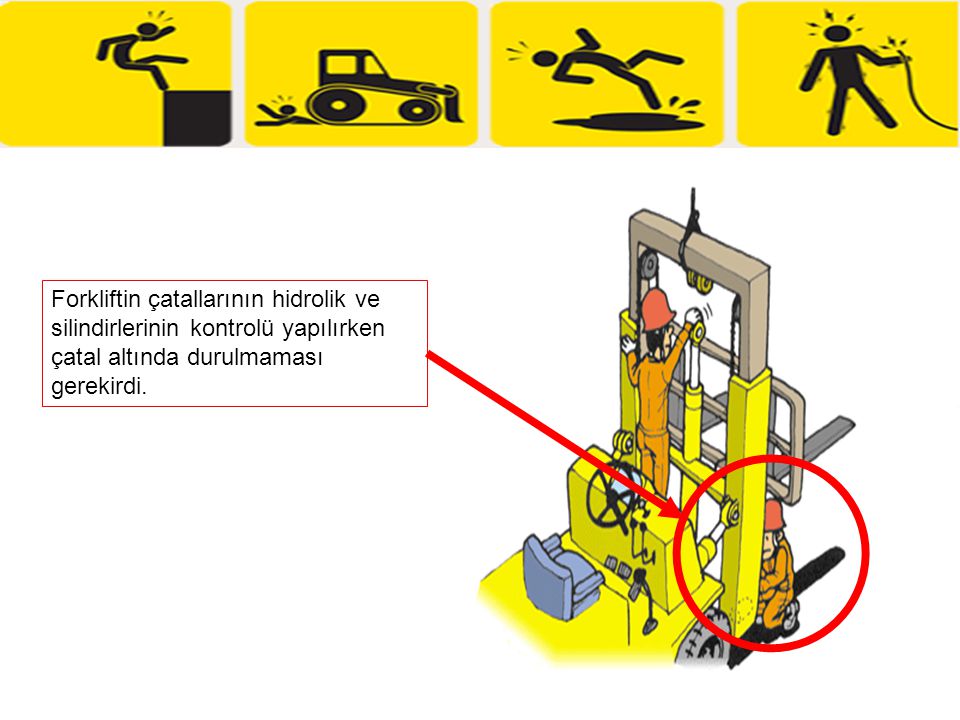Forkliftin çatallarının hidrolik ve silindirlerinin kontrolü yapılırken çatal altında durulmaması gerekirdi.
