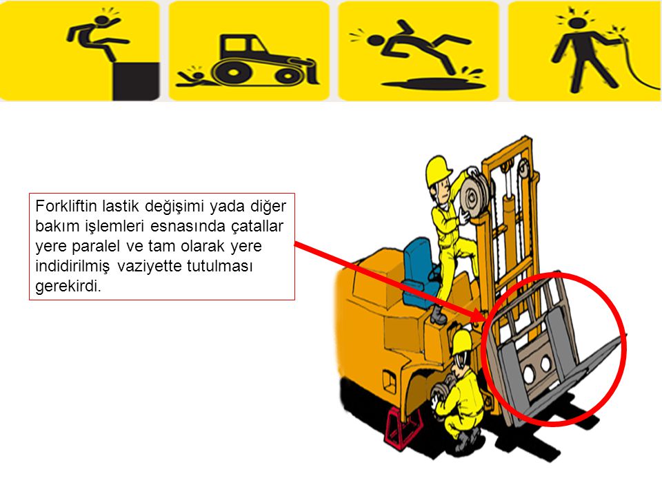 Forkliftin lastik değişimi yada diğer bakım işlemleri esnasında çatallar yere paralel ve tam olarak yere indidirilmiş vaziyette tutulması gerekirdi.