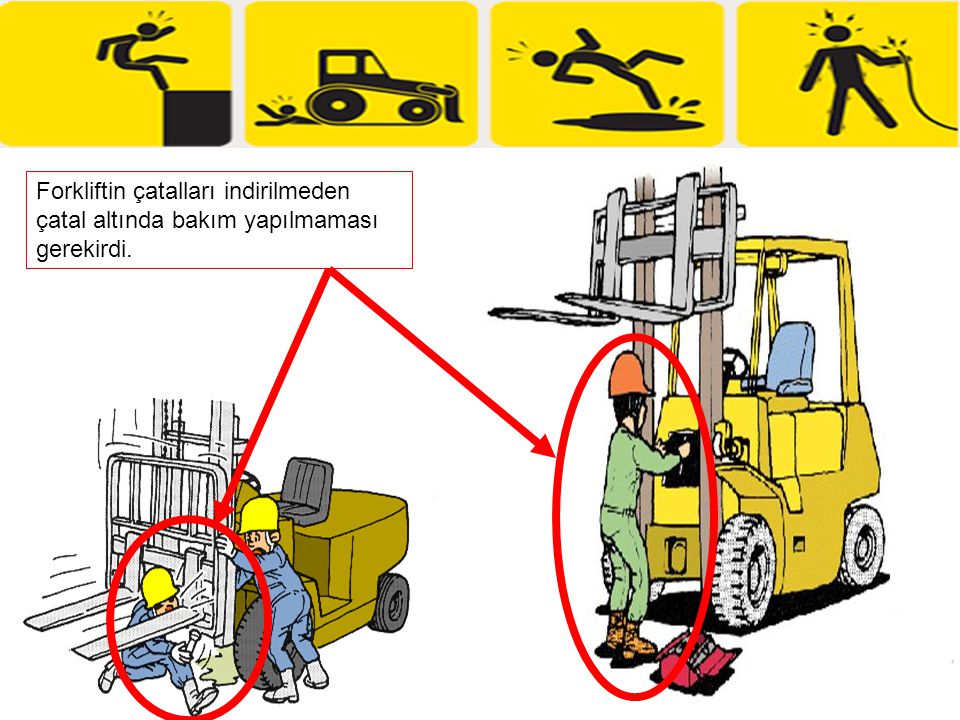 Forkliftin çatalları indirilmeden çatal altında bakım yapılmaması gerekirdi.