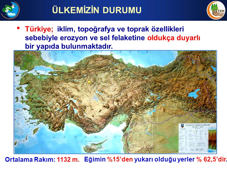 ÜLKEMİZİN DURUMU Türkiye; iklim, topoğrafya ve toprak özellikleri sebebiyle erozyon ve sel felaketine oldukça duyarlı bir yapıda bulunmaktadır.