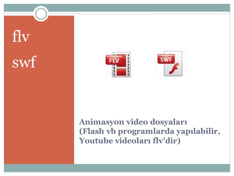 flv swf Animasyon video dosyaları (Flash vb programlarda yapılabilir, Youtube videoları flv’dir)