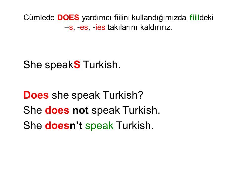 She does not speak Turkish. She doesn’t speak Turkish.
