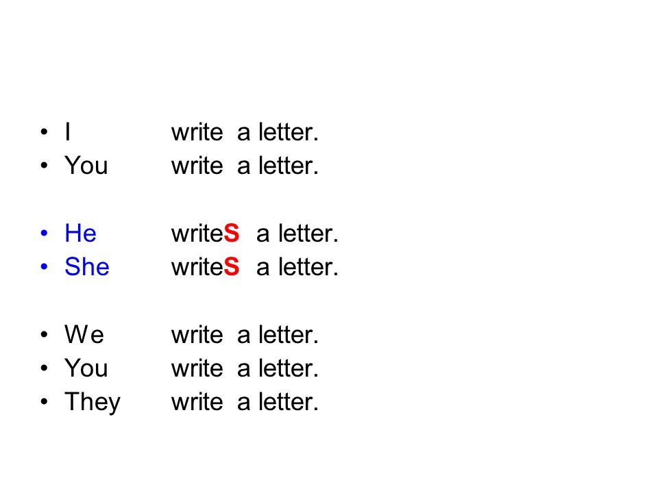 I write a letter. You write a letter. He writeS a letter. She writeS a letter. We write a letter.