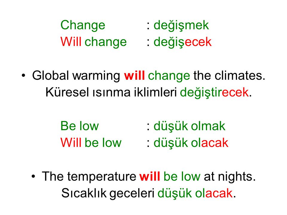 Will change : değişecek Global warming will change the climates.