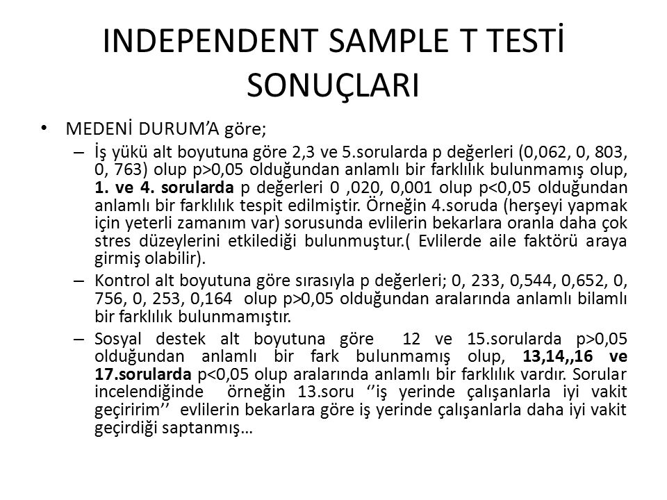 INDEPENDENT SAMPLE T TESTİ SONUÇLARI