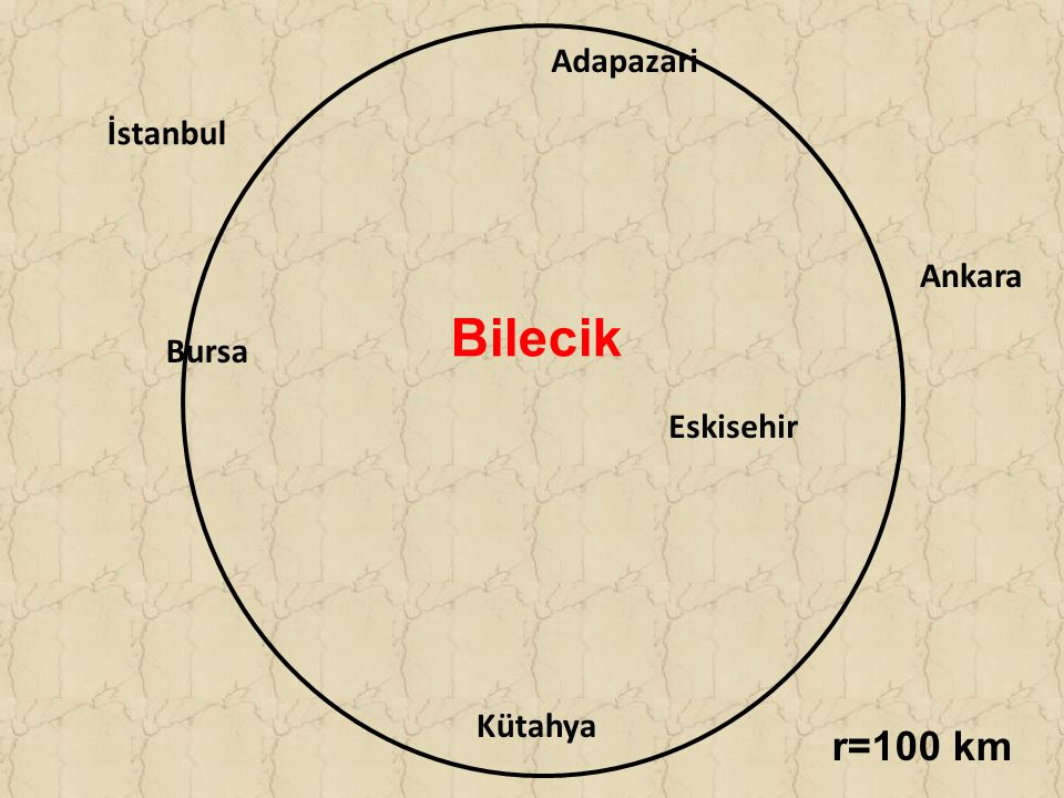 Adapazari İstanbul Ankara Bilecik Bursa Eskisehir Kütahya r=100 km