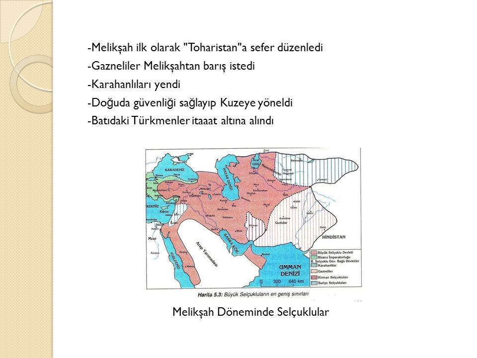 -Melikşah ilk olarak Toharistan a sefer düzenledi -Gazneliler Melikşahtan barış istedi -Karahanlıları yendi -Doğuda güvenliği sağlayıp Kuzeye yöneldi -Batıdaki Türkmenler itaaat altına alındı