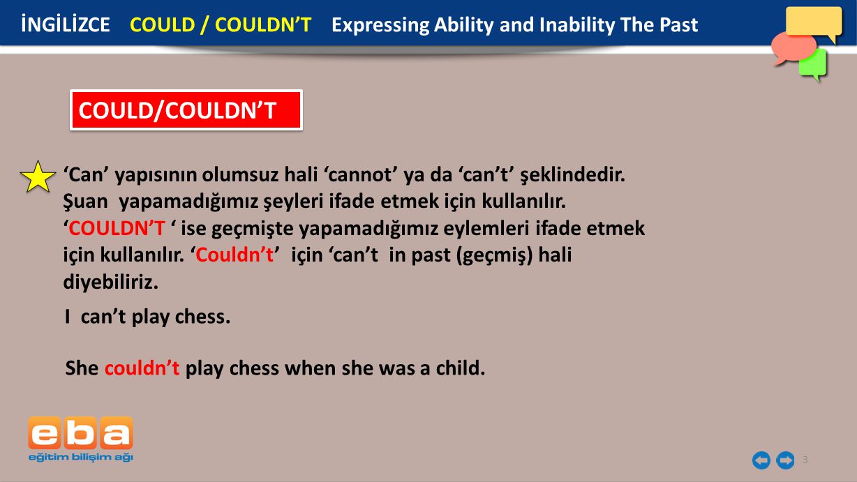 İNGİLİZCE COULD / COULDN’T Expressing Ability and Inability The Past