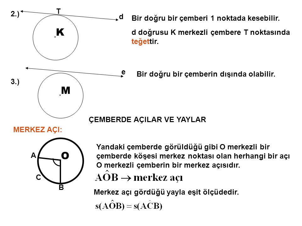 K M O T 2.) d Bir doğru bir çemberi 1 noktada kesebilir.