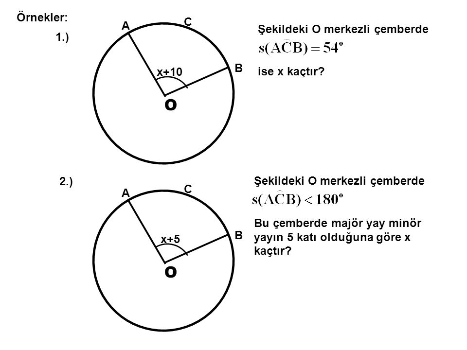 O O Örnekler: C A Şekildeki O merkezli çemberde 1.) ise x kaçtır B