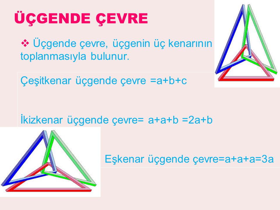 ÜÇGENDE ÇEVRE Üçgende çevre, üçgenin üç kenarının toplanmasıyla bulunur. Çeşitkenar üçgende çevre =a+b+c.