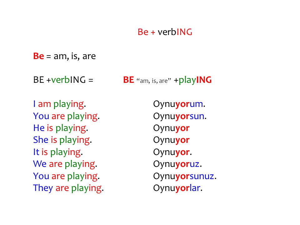 Be + verbING Be = am, is, are. BE +verbING = BE am, is, are +playING. I am playing. Oynuyorum.