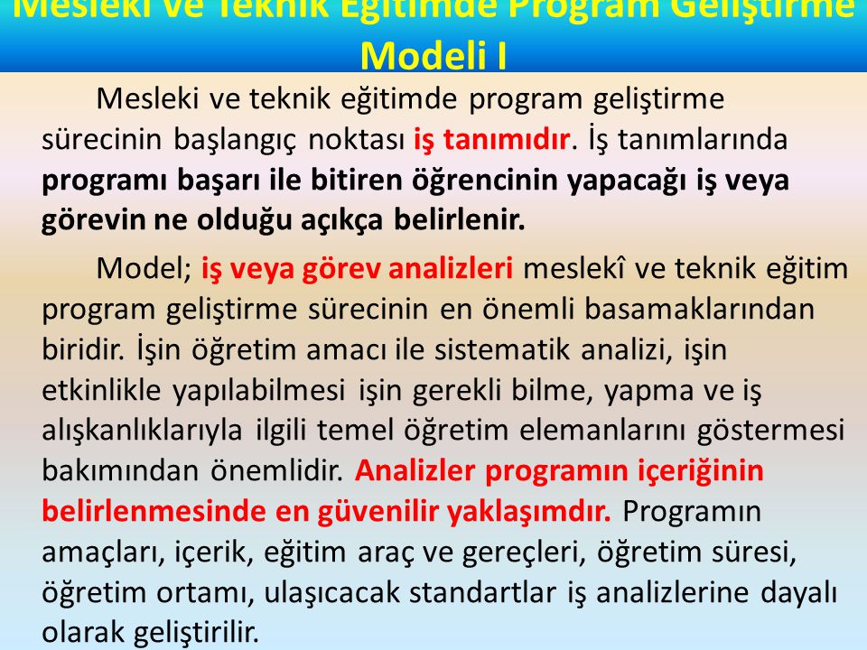 Mesleki ve Teknik Eğitimde Program Geliştirme Modeli I
