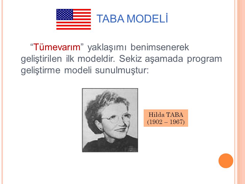 ABD: TABA MODELİ Tümevarım yaklaşımı benimsenerek geliştirilen ilk modeldir. Sekiz aşamada program geliştirme modeli sunulmuştur: