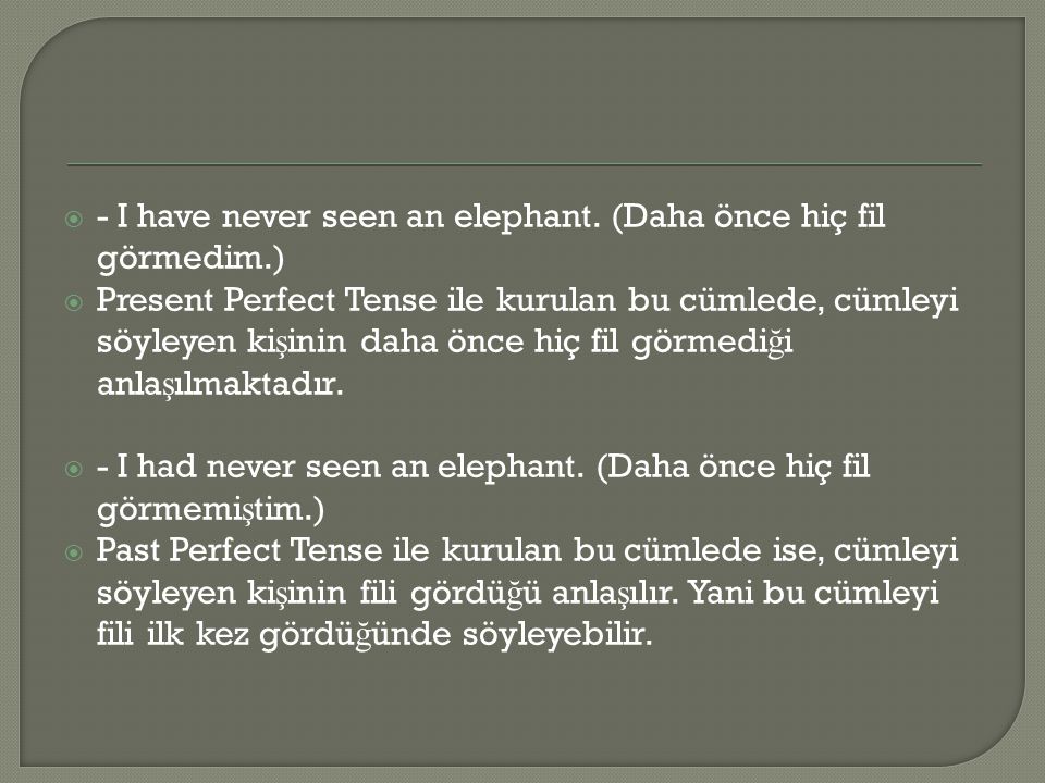 - I have never seen an elephant. (Daha önce hiç fil görmedim.)