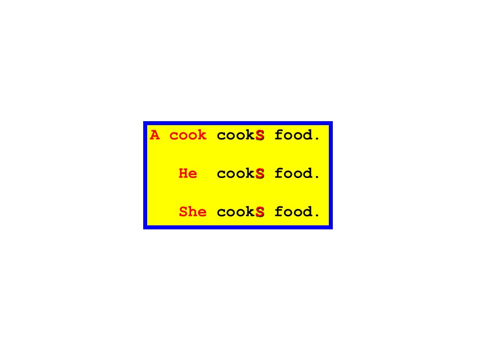 A cook cookS food. He cookS food. She cookS food.