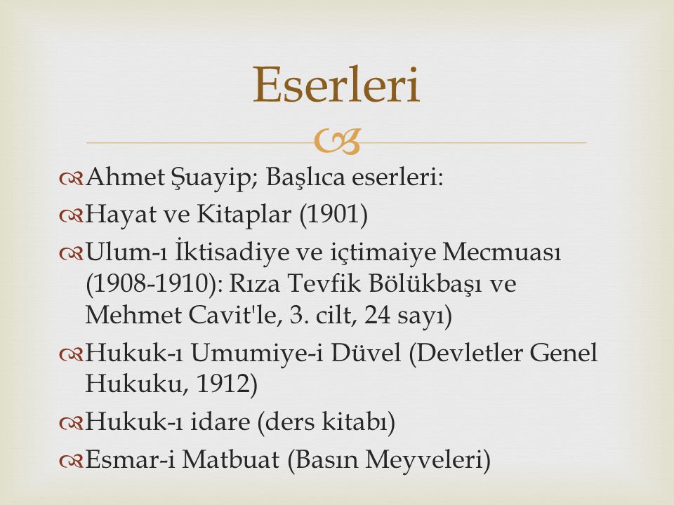 Eserleri Ahmet Şuayip; Başlıca eserleri: Hayat ve Kitaplar (1901)