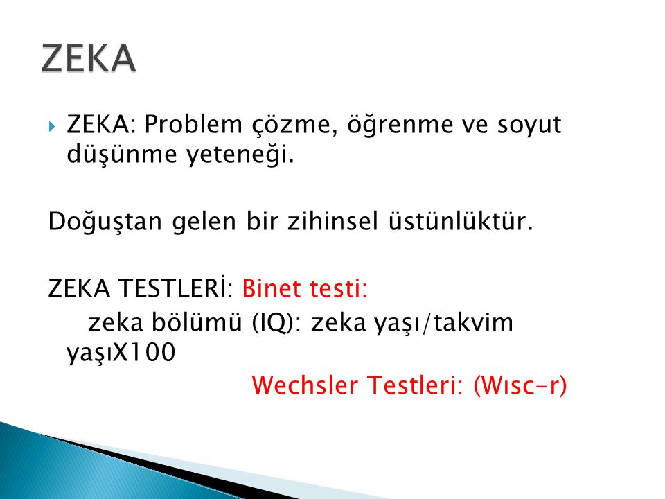 ZEKA ZEKA: Problem çözme, öğrenme ve soyut düşünme yeteneği.