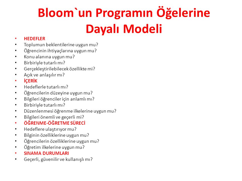 Bloom`un Programın Öğelerine Dayalı Modeli