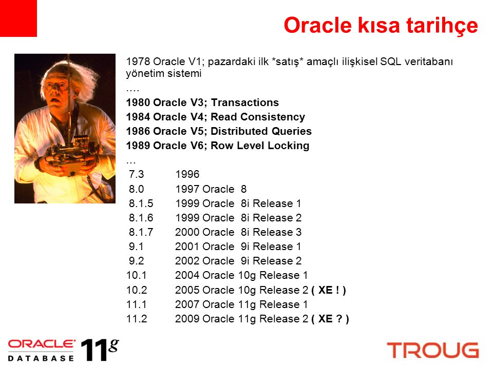 Oracle kısa tarihçe 1978 Oracle V1; pazardaki ilk *satış* amaçlı ilişkisel SQL veritabanı yönetim sistemi.