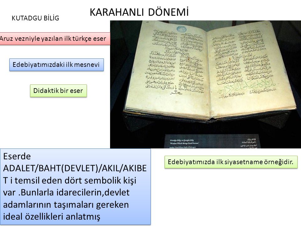 KARAHANLI DÖNEMİ KUTADGU BİLİG. Aruz vezniyle yazılan ilk türkçe eser. Edebiyatımızdaki ilk mesnevi.