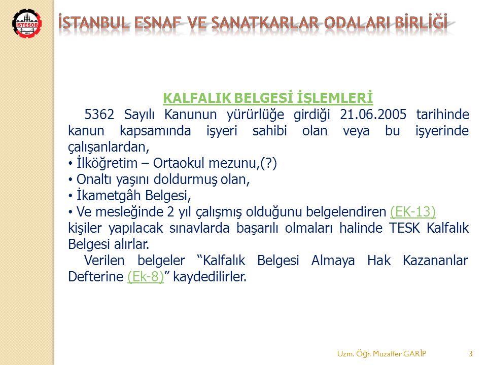 İSTANBUL ESNAF VE SANATKARLAR ODALARI BİRLİĞİ - Ppt Indir