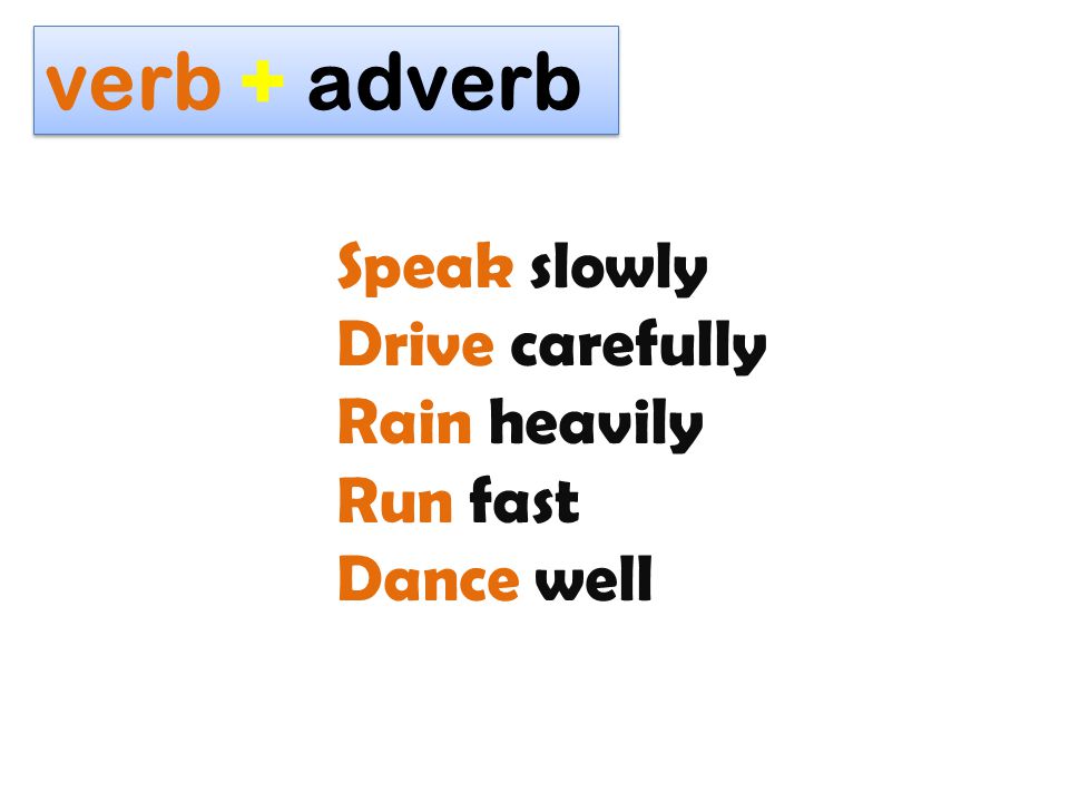 verb + adverb Speak slowly Drive carefully Rain heavily Run fast