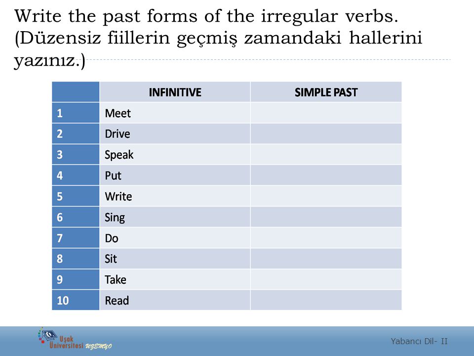 Write the past forms of the irregular verbs