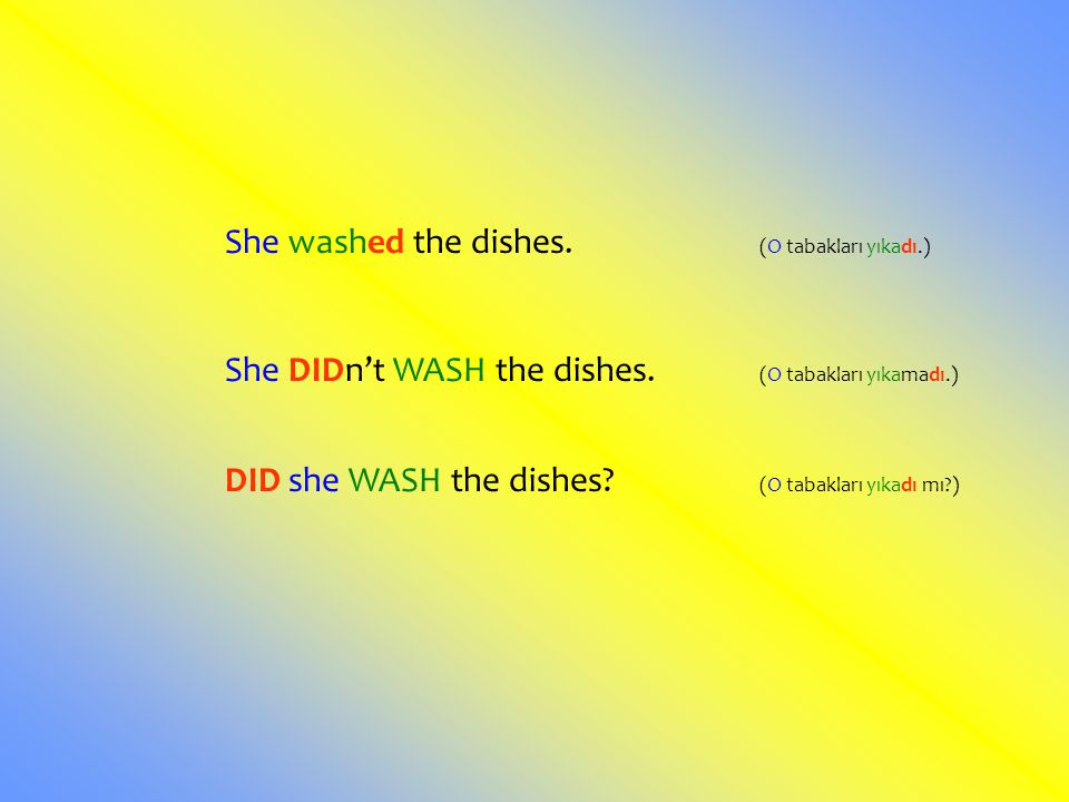 She washed the dishes. (O tabakları yıkadı.)