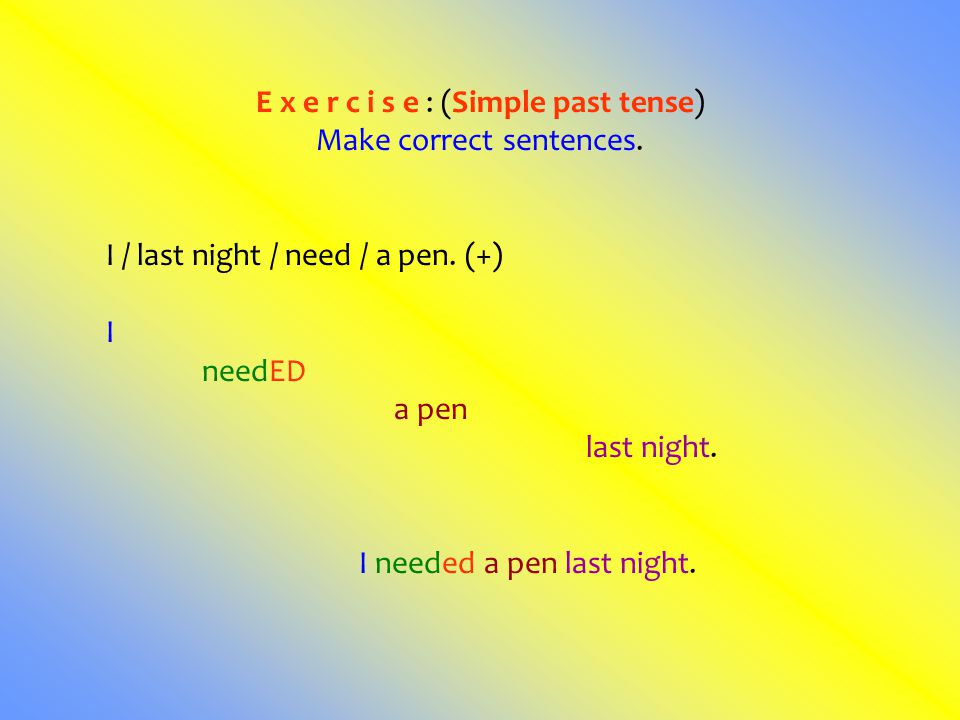 E x e r c i s e : (Simple past tense) Make correct sentences.
