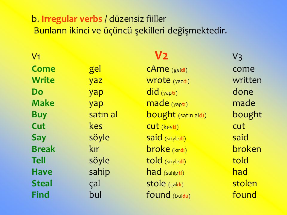 b. Irregular verbs / düzensiz fiiller
