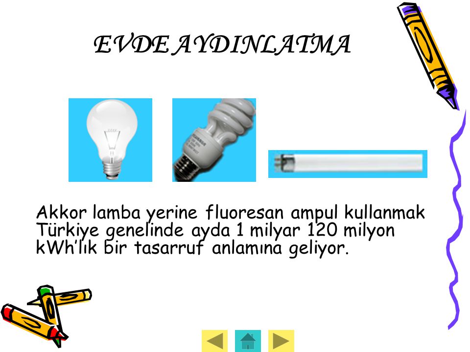 EVDE AYDINLATMA Akkor lamba yerine fluoresan ampul kullanmak Türkiye genelinde ayda 1 milyar 120 milyon kWh’lık bir tasarruf anlamına geliyor.