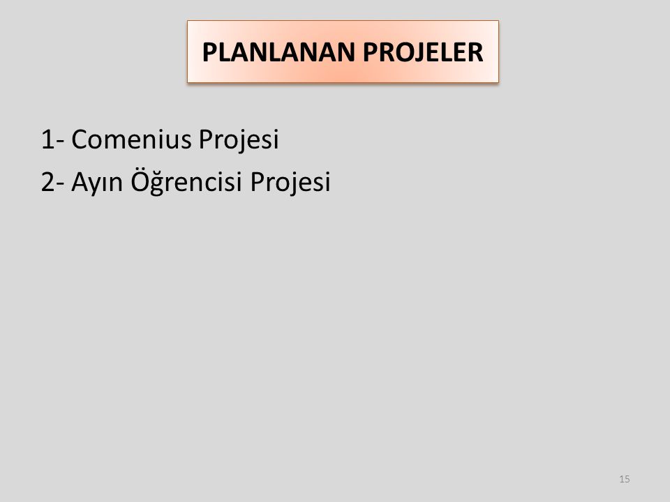 PLANLANAN PROJELER 1- Comenius Projesi 2- Ayın Öğrencisi Projesi