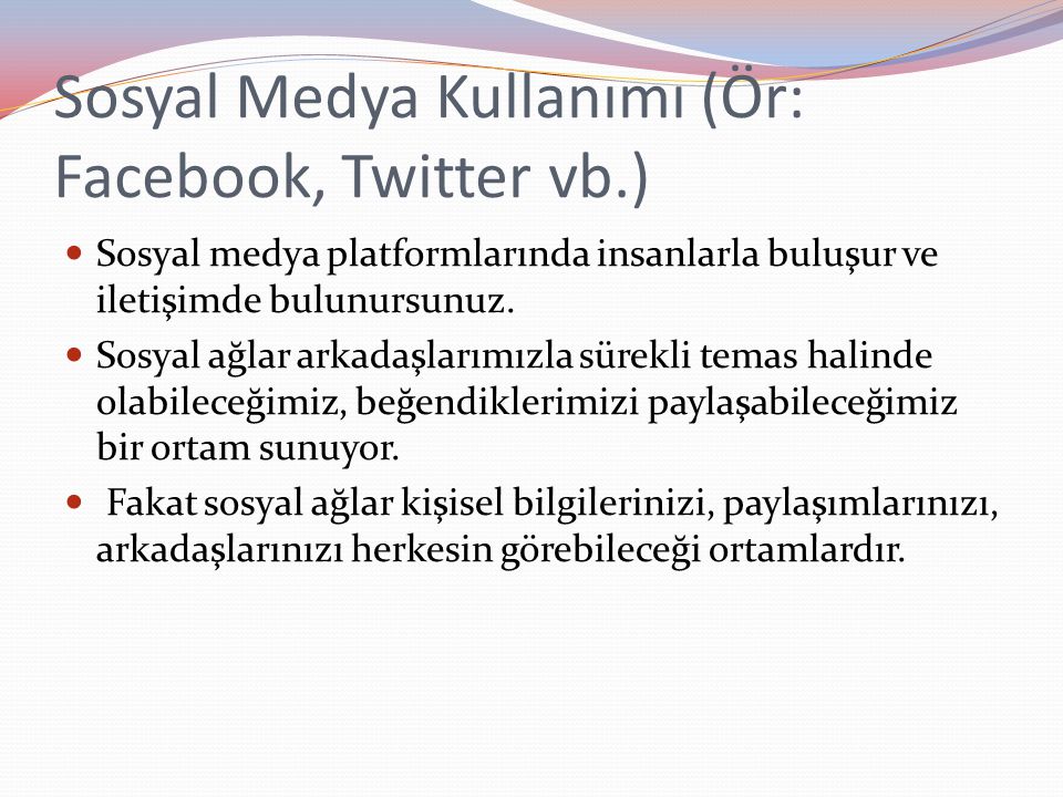 Sosyal Medya Kullanımı (Ör: Facebook, Twitter vb.)