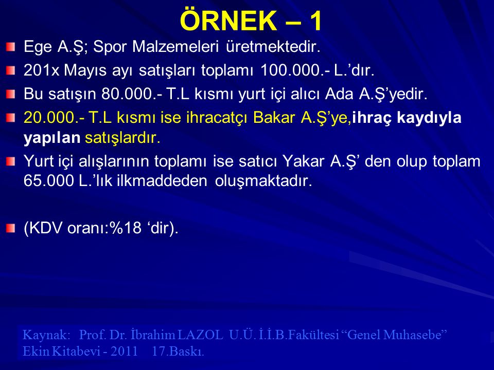 ÖRNEK – 1 Ege A.Ş; Spor Malzemeleri üretmektedir.